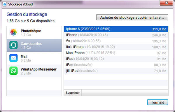 Supprimer sauvegarde iCloud sur Windows