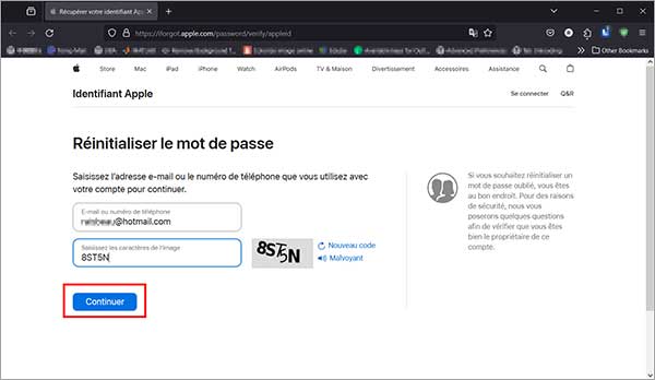 Accéder aux options de réinitialisation sur apple.com