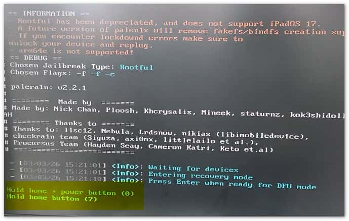Appuyez sur le bouton d'alimentation pour entrer en mode dfu Palera1n