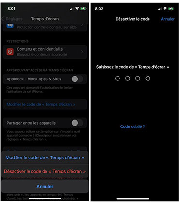 Désactiver le code Temps d'écran