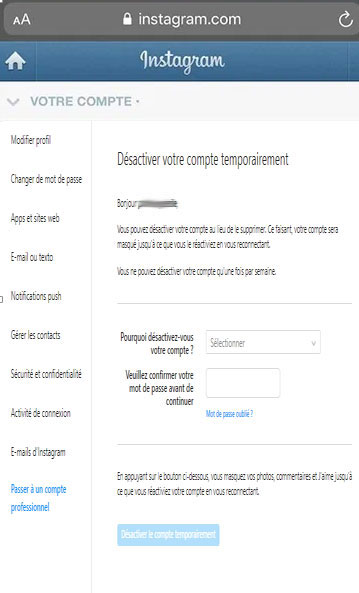 Désactiver temporairement un compte Instagram
