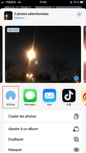 Envoyer les photos iPhone par AirDrop