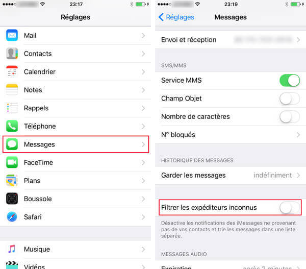 Messages bloqués sur iPhone par filtrer les expéditeurs inconnus