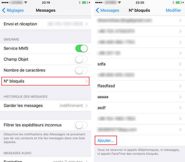 Messages bloqués sur iPhone sur Réglages