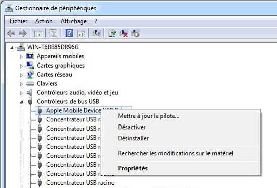 Réinstaller le pilote Apple Mobile Device USB