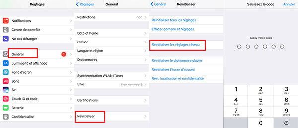 Réinitialiser les réglages réseau iPhone