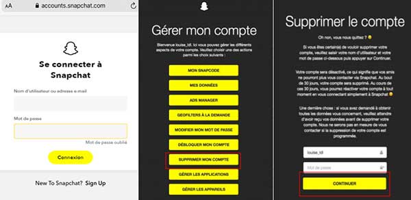 Supprimer un compte Snapchat sur iPhone par un navigateur