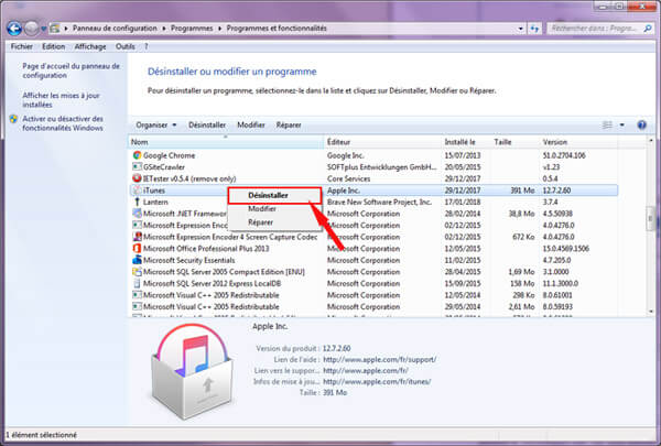 Désinstaller iTunes sur Windows