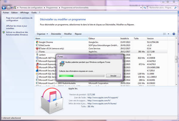 Processus de désinstallation d'iTunes