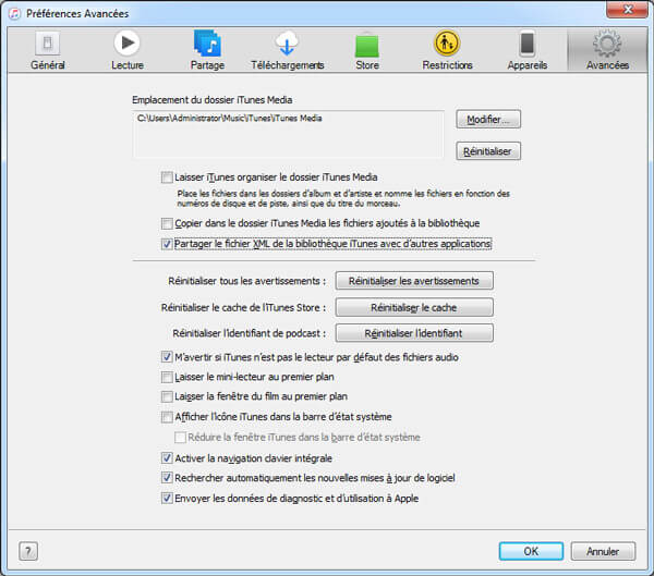 Préférences avancées de l'iTunes