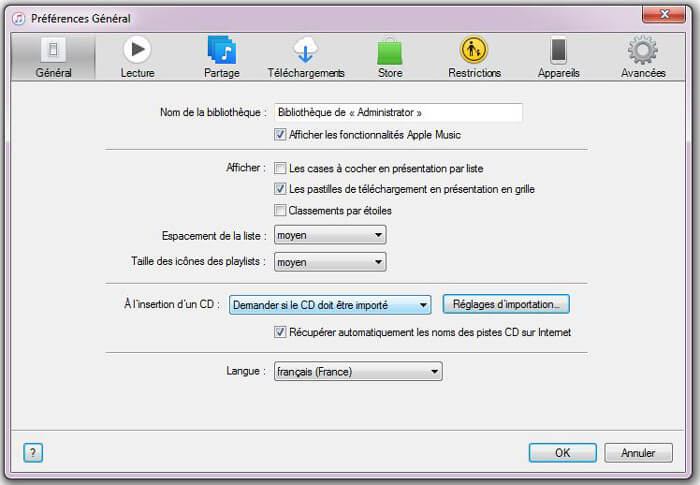 Préférences iTunes