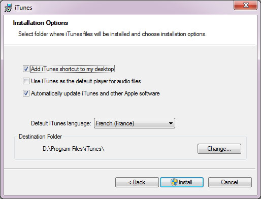 Options de l'installation iTunes