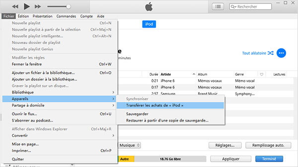 Transférer de la musique achetée iPod vers iTunes