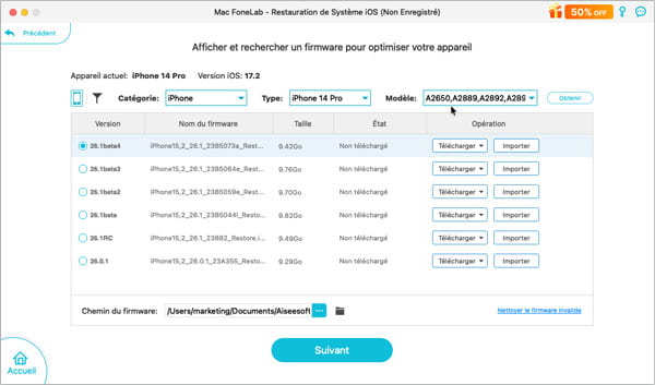 Le firmware approprié pour optimiser l'appareil s'affiche