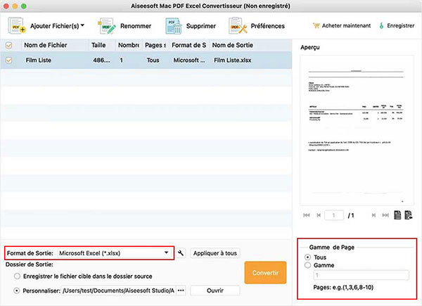 Sélectionner le format de sortie et les page à convertir