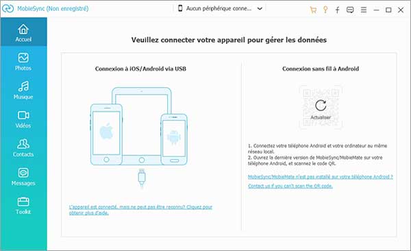 L'interface de MobieSync