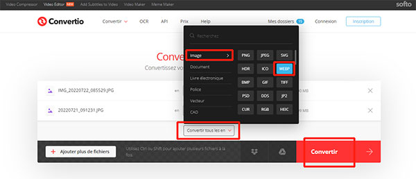Sélectionner le format WebP pour l'image JPG dans convertio