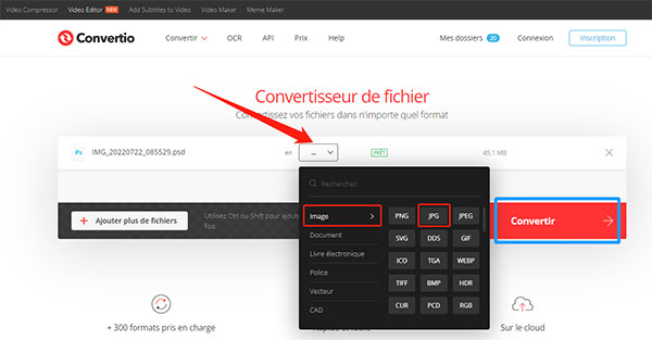 Convertir un PSD en JPG avec Convertio