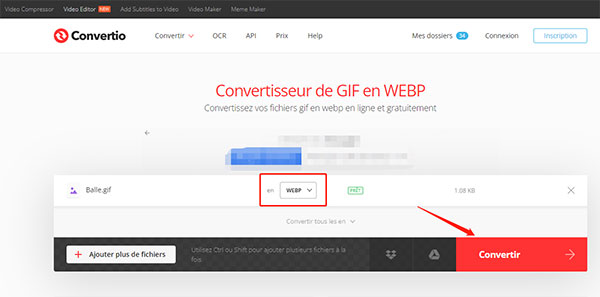 Convertir GIF en WebP avec Convertio