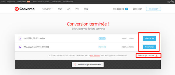 Télécharger les fichiers WebP convertis dans convertio