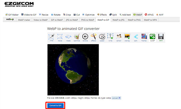 Convertir le fichier WEBP en GIF avec EZGIF