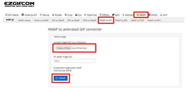 Importer le fichier WEBP animé sur le site d'EZGIF.COM