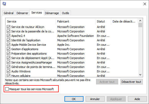 Masquer tous les services système Microsoft