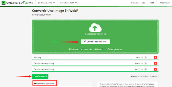 Convertir PNG en WebP sur Online-convert