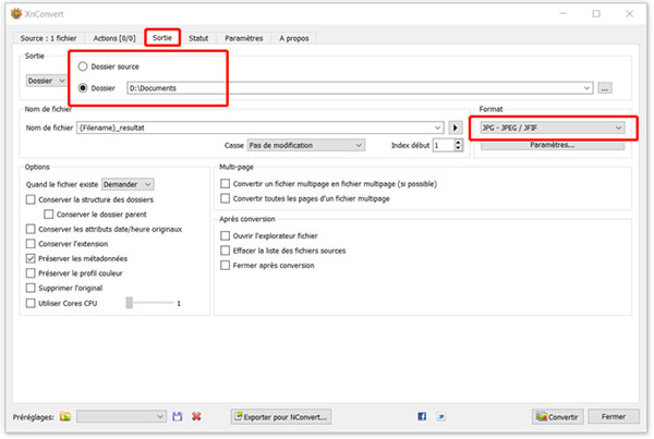 Choisir le format dans XnConvert