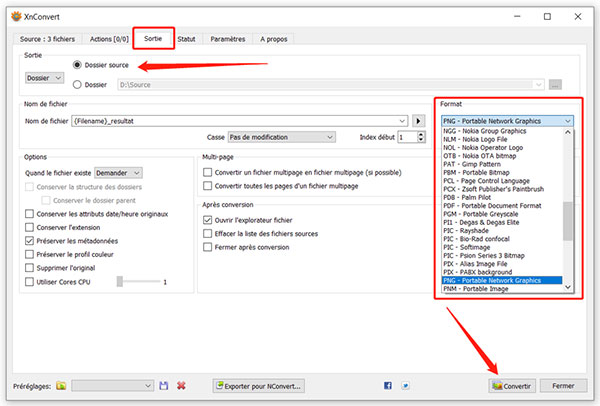 Paramétrer le format de sortie PNG