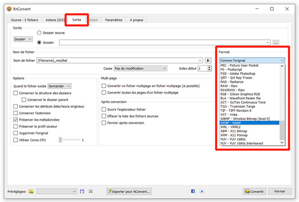 Paramétrer le format de sortie Webp dans XnConvert