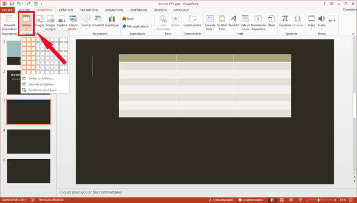 Créer un tableau dans une slide PPT