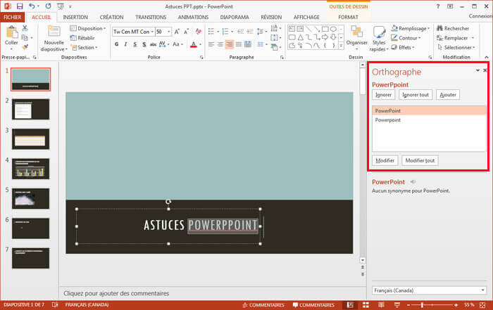 Vérifier l'orthographe de votre contenu Powerpoint