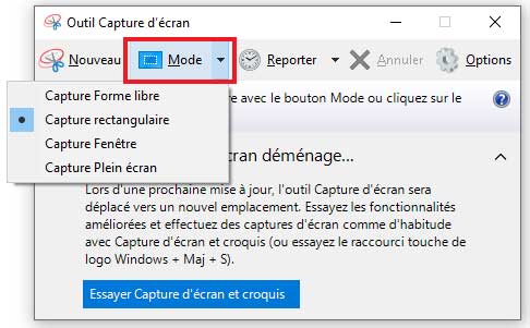 Choisir le mode de capture d'écran