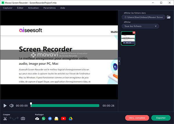 Exporter la vidéo avec Movavi Screen Recorder