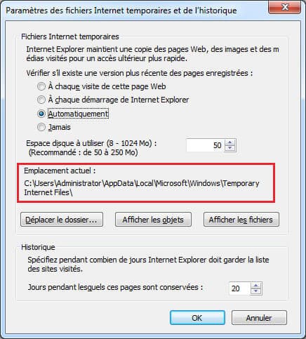 Emplacement de l'historique de l'Internet Explorer