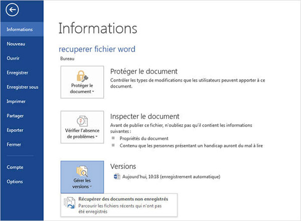 Récupérer le document Word depuis les paramètres Word