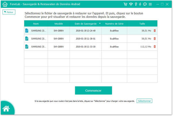 Liste des fichiers de sauvegarde Samsung