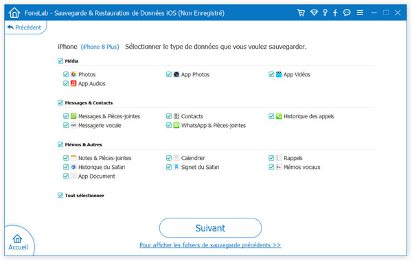 Sélectionner les types de données à sauvegarder