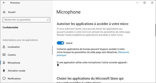 Activer l'autorisation de microphone sur Windows 10