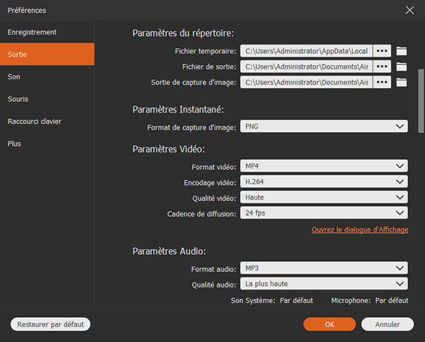 Définir le format de sortie audio