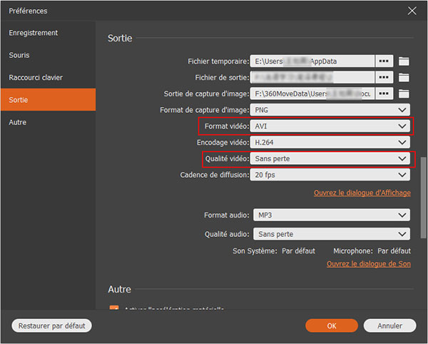 Sélectionner le format de sortie de la vidéo