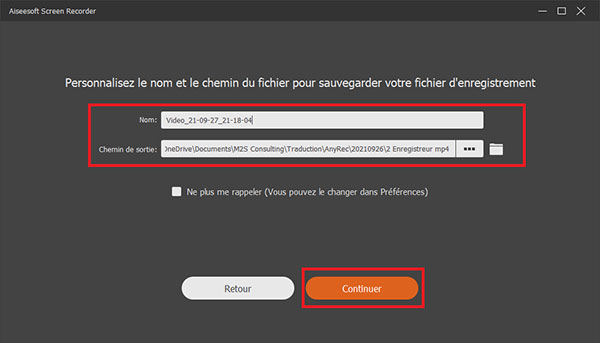 Modifier le dossier d'enregistrement du fichier