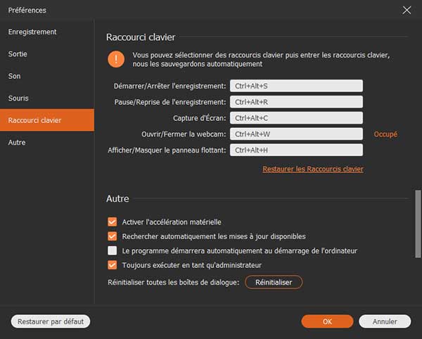 Modifier les raccourcis claviers