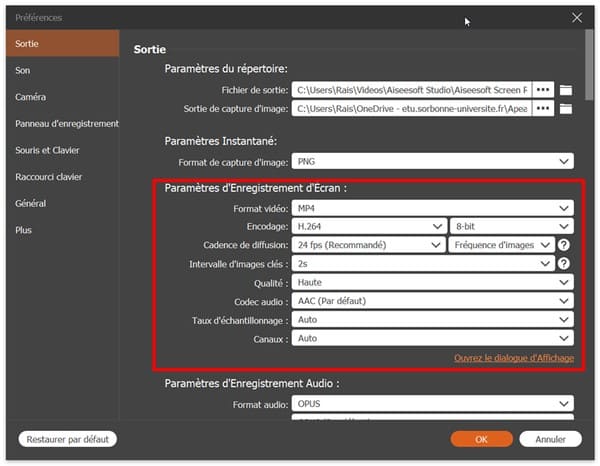 Paramètres d’enregistrement d’écran