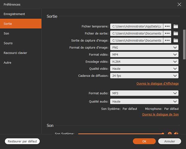 Définir les préférences pour la vidéo enregistrée