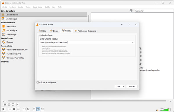 Analyser l'URL vidéo dans VLC