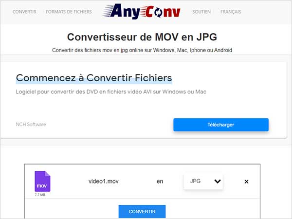 Convertir MOV en JPG avec AnyConv