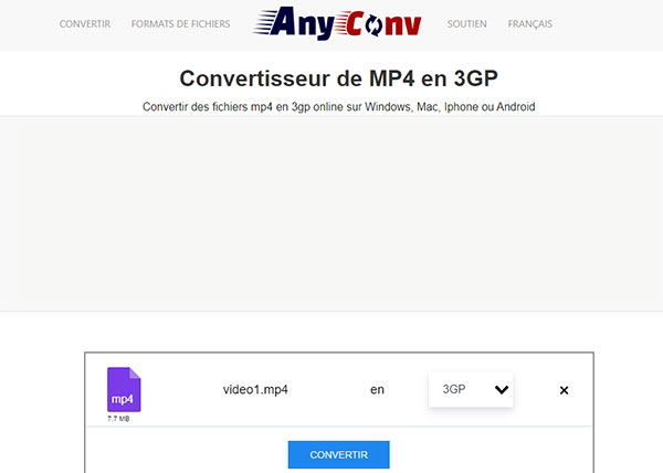 Convertir MP4 en 3GP avec AnyConv