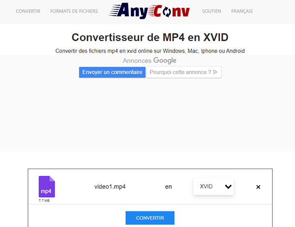 Convertir MP4 en XVID avec AnyConv